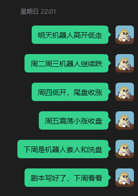 Chinese-language chat screenshot timestamped Sunday 22:01 showing green message bubbles with stock market predictions about 'humanoid robots' for the upcoming week, alongside a dog avatar.