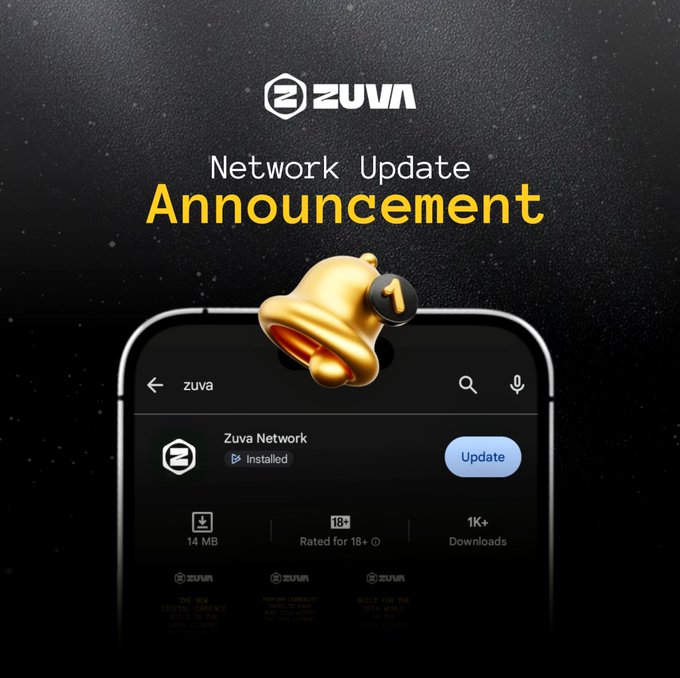 A promotional announcement for 'ZUVA Network Update' featuring a gold bell icon and a mockup of the Zuva app in an app store.
