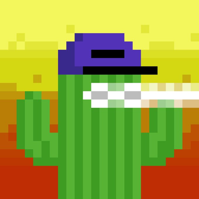 A pixel art image of a green cactus wearing a purple and black baseball cap, set against a desert sunset background with a yellow sky.