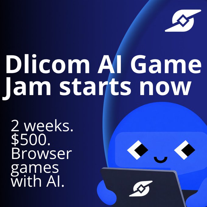 Promotional graphic for the Dlicom AI Game Jam, featuring a blue mascot on a laptop and text reading "Dlicom AI Game Jam starts now" alongside details "2 weeks. $500. Browser games with AI," announcing the two-week competition with a $500 prize pool for AI-powered browser games.