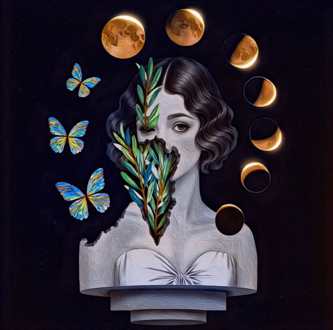 A surreal artwork featuring a grayscale bust of a woman with leaves growing across her face, accompanied by blue butterflies and various phases of the moon against a dark background.