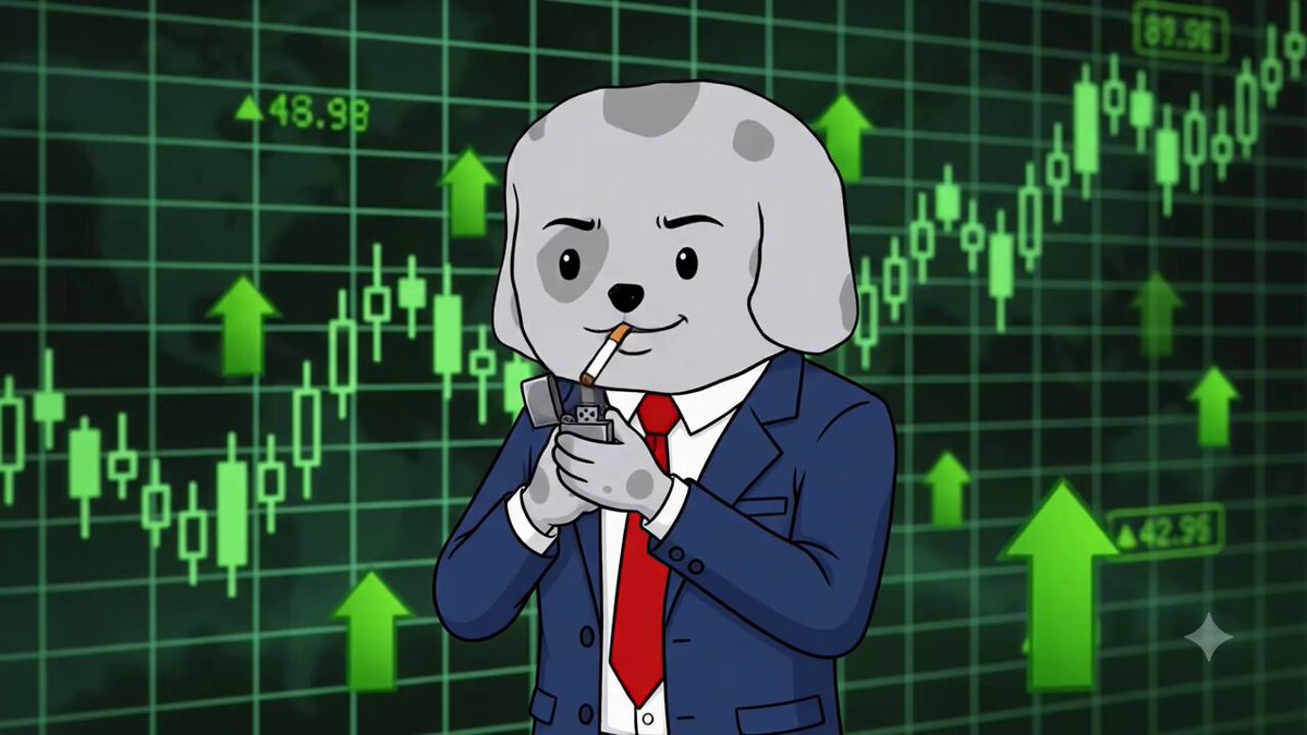 In this cartoon, there's a cute little dog wearing a suit with a tie sitting down and smoking a cigarette while looking at something else outside. The background features a graph of stock prices going up or down, which is related to a post discussing growth strategies in the stock market. This image seems to have been created for educational purposes, as it could help users understand various aspects of both growing their own businesses and analyzing financial markets.