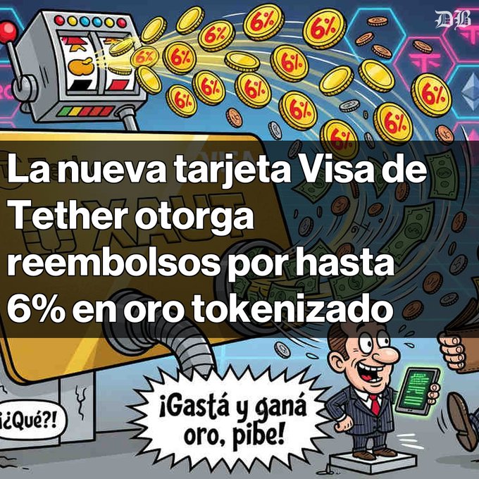 The image features a cartoon man standing on a platform with a large golden coin falling from above him. The coin is being thrown into the air by a machine that has a red light on top, creating an illusion of money dropping out of thin air. The caption below the image reads "La tarjeta opera en la red Visa, facilitando su uso global. Esta". This suggests that the cartoon is related to Bitcoin or cryptocurrency and could be discussing the concept of virtual currency or its impact on traditional financial systems.