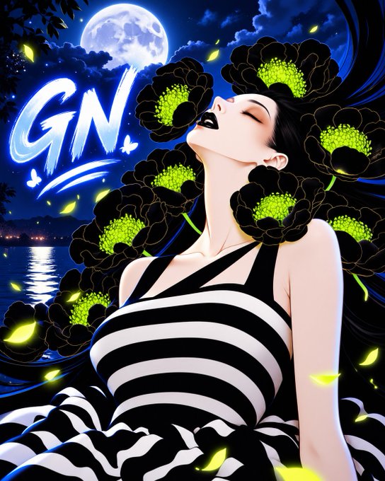 A digital artwork titled 'GN' shows a woman in a black and white striped dress with her eyes closed, surrounded by glowing green and black flowers under a full moon.