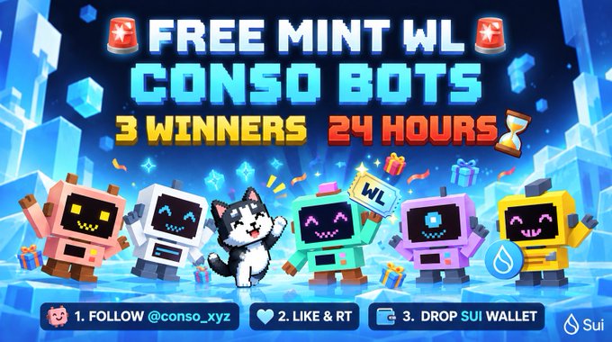 A vibrant promotional graphic advertises a 'FREE MINT WL CONSO BOTS' giveaway with '3 WINNERS 24 HOURS', featuring cartoon robots and a cat, and instructions: '1. FOLLOW @conso_xyz', '2. LIKE & RT', '3. DROP SUI WALLET'.