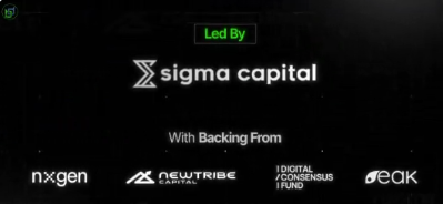 A black screen showing credits: 'Led By Sigma Capital' with 'Backing From' from nxgen, NewTribe Capital, Digital Consensus Fund, and CGK.