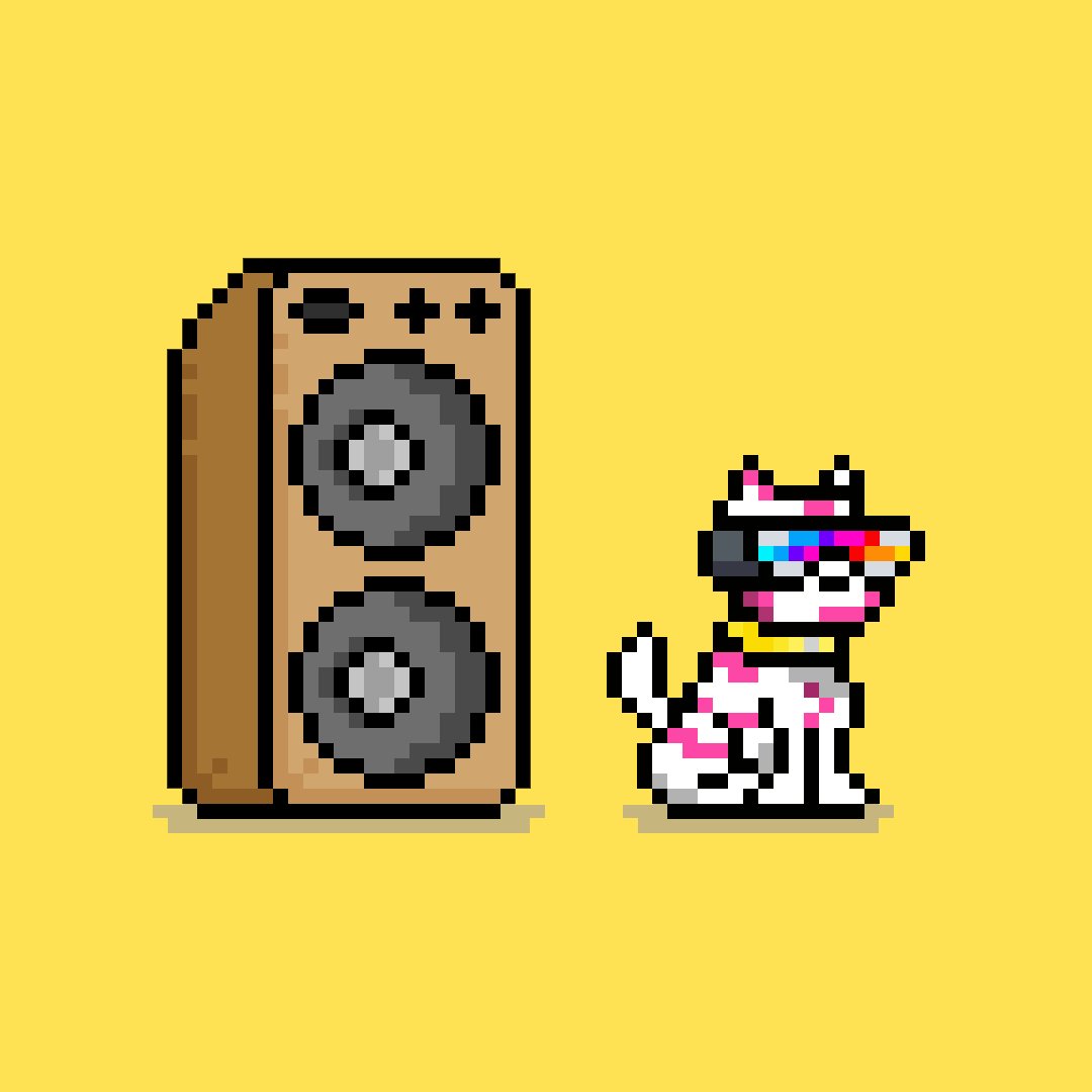 The image features a cartoon cat wearing sunglasses and a bandana with a speaker next to it. The cat appears to be sitting or standing near the speaker, possibly indicating that they are at a music event or gathering. The scene also includes text about Cold markets and emotional suppression, which may suggest an artistic or symbolic representation of the relationship between music and consumerism in modern society.

The image is a simple yet intriguing composition with the cat as the main subject, surrounded by elements like speakers and text that contribute to its overall meaning.