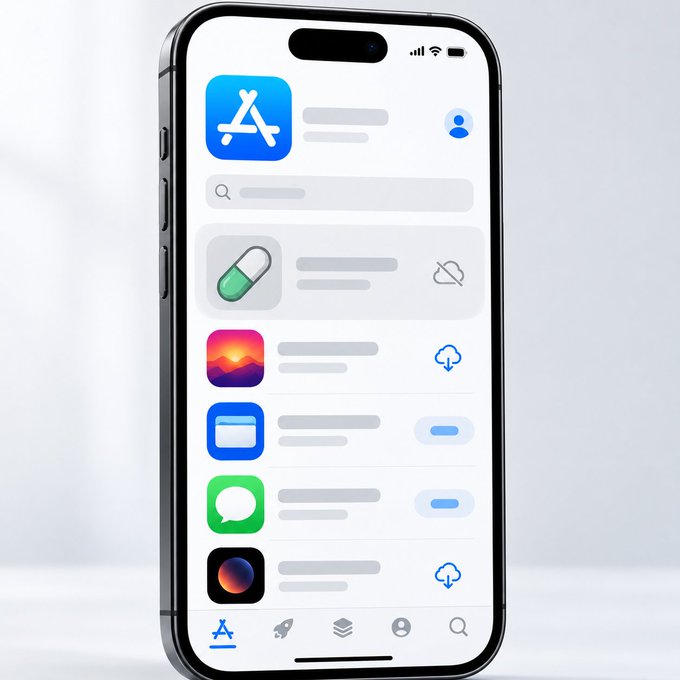 An illustration of an iPhone displaying the App Store interface with various app icons including the App Store, a pill icon, sunset image, messages app, and Siri.