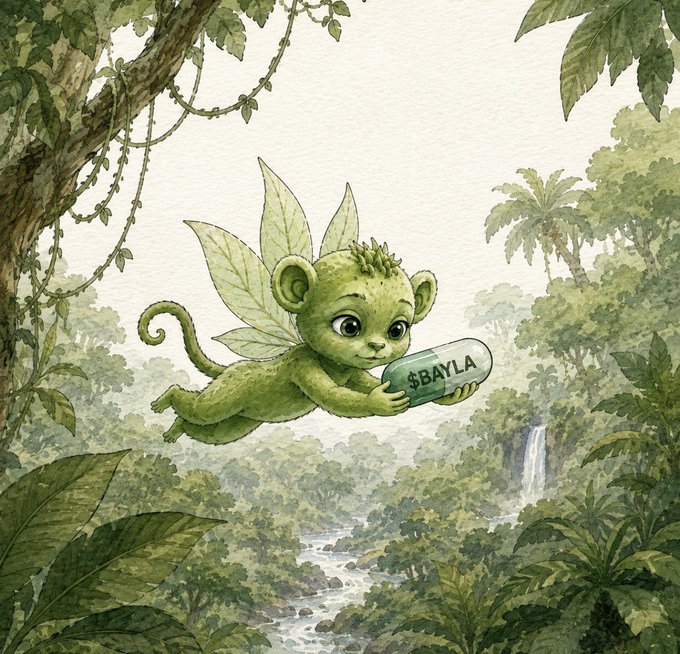 A whimsical watercolor illustration shows a small, leaf-winged monkey sprite flying through a lush jungle setting while holding a bottle labeled "$BAYLA," perfectly capturing the playful, mystical "timeless" vibe of the post.