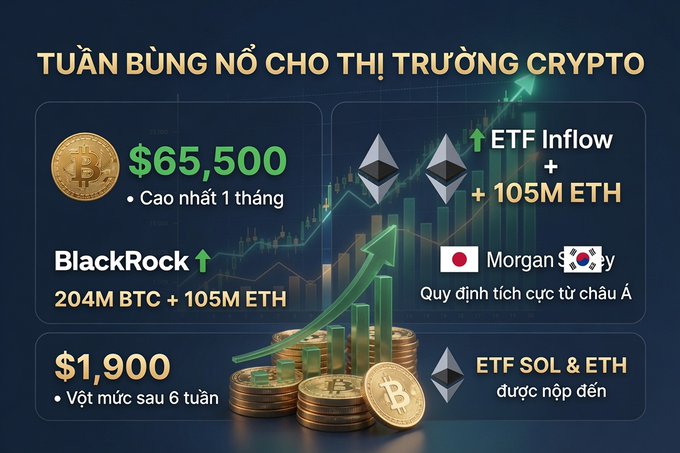 A Vietnamese cryptocurrency market graphic titled 'TUẦN BÙNG NỔ CHO THỊ TRƯỜNG CRYPTO' highlighting Bitcoin at $65,500, Ethereum ETF inflows of +105M ETH, BlackRock holdings, and an ETH price of $1,900.