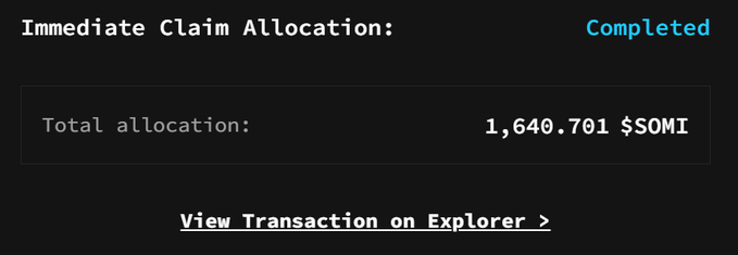 The image shows a completed "Immediate Claim Allocation" receipt for a total of 1,640.701 $SOMI tokens, confirming the user's claim of approximately 1640 $SOMI mentioned in the post.