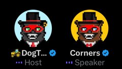 A speaker panel showing two pixel-art zombie characters with top hats, labeled 'DogT... Host' and 'Corners Speaker' with verified checkmarks.