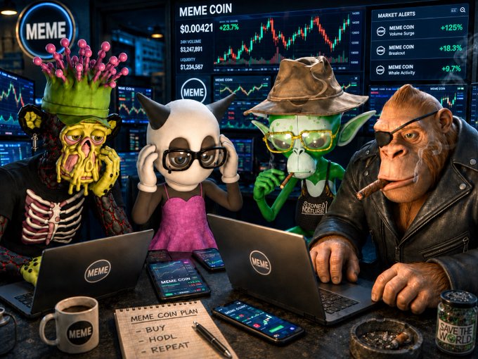 An AI-generated image of meme coin characters (a frog, a panda, another frog, and a monkey in a leather jacket) at a trading desk with laptops displaying 'MEME COIN' screens and market alerts showing gains of +125%, +18.3%, and +9.7%.