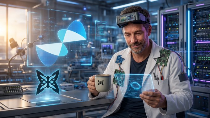 A smiling developer in a lab coat and VR headset sips coffee while examining a holographic projection, surrounded by server racks and a "QUIP" network logo—capturing the post's vibe of hands-on tinkering with @quipnetwork's testnet like a researcher methodically testing a quantum-resistant wallet over morning coffee.