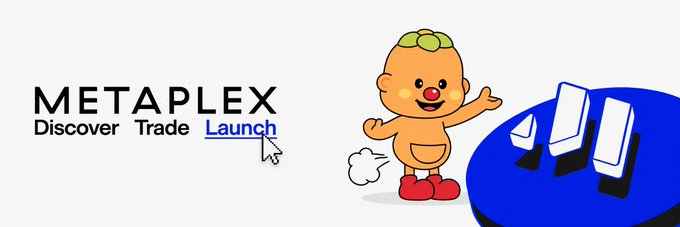 A banner for 'METAPLEX Discover Trade Launch' featuring an orange cartoon character with a green hat next to the Solana logo.