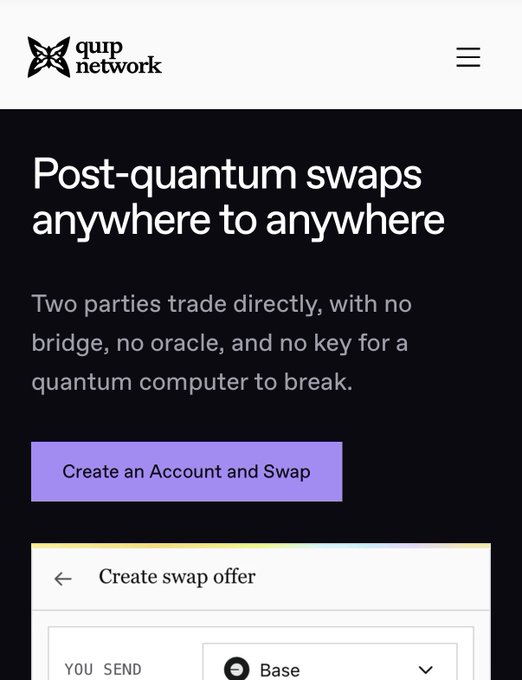 A website screenshot for 'quip network' featuring the headline 'Post-quantum swaps anywhere to anywhere' and a button reading 'Create an Account and Swap' above a 'Create swap offer' section.