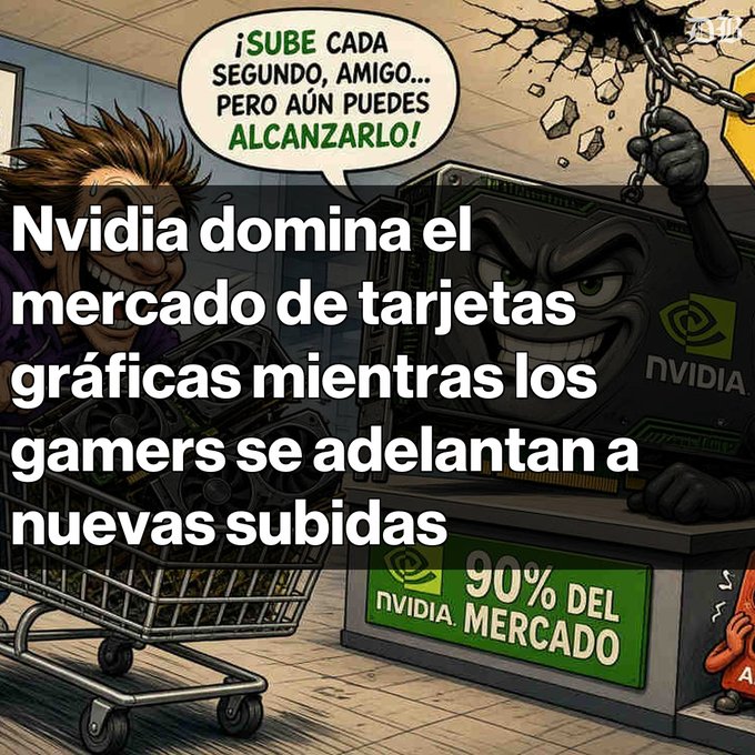 A satirical illustration depicts an Nvidia graphics card as a menacing character labeled '90% DEL MERCADO' smashing through a ceiling, with Spanish text translating to 'Nvidia dominates the graphics card market while gamers anticipate new price hikes.'