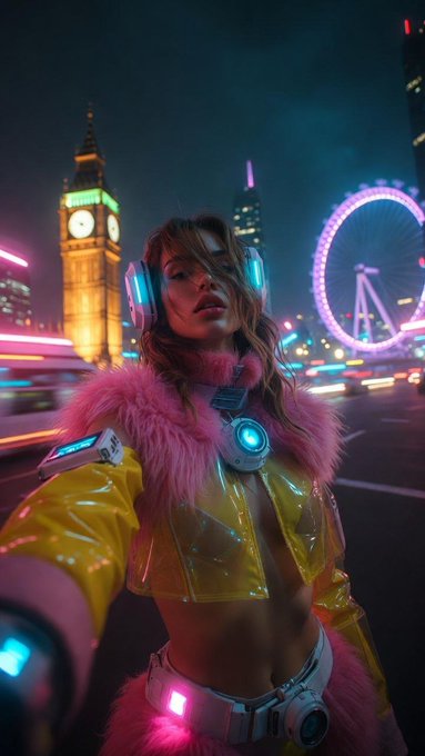 A cyberpunk-style portrait of a woman in a yellow vinyl jacket with pink fur trim and glowing headphones, set against a neon-lit London skyline featuring Big Ben and the London Eye.