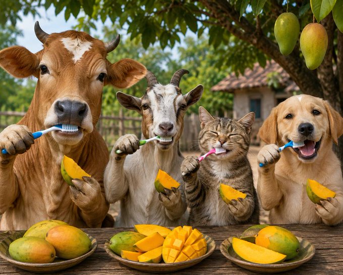 The image features a group of animals - two dogs and one cat - sitting around a wooden table with plates of fruit such as bananas and mangoes, which they are eating while holding toothbrushes in their mouths. The scene appears to be set outdoors or in an open area, possibly during the day under natural light.
