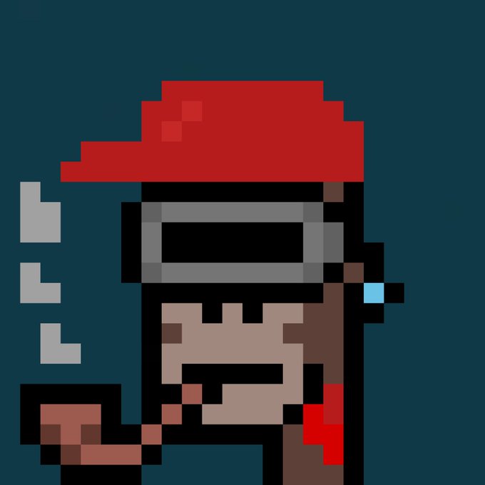 A pixel-art illustration of a masked character with a red cap, dark goggles, a beard, and a glowing blue earpiece, holding what appears to be a gun against a dark background.