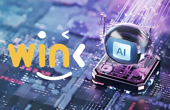 The image shows the "WINk" logo (in yellow and white text) alongside a futuristic, transparent robotic head displaying "AI" on its screen, set against a glowing purple and blue circuit board background. This visual ties into the post by symbolizing the AI-powered intelligence behind WINk's oracle services, reinforcing the idea that trustworthy, tech-driven data feeds are essential for blockchain protocols to operate seamlessly.
