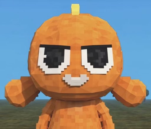 A low-poly 3D rendered orange pumpkin character with a smiling face and small arms, standing in a grassy Minecraft-style environment under a blue sky.