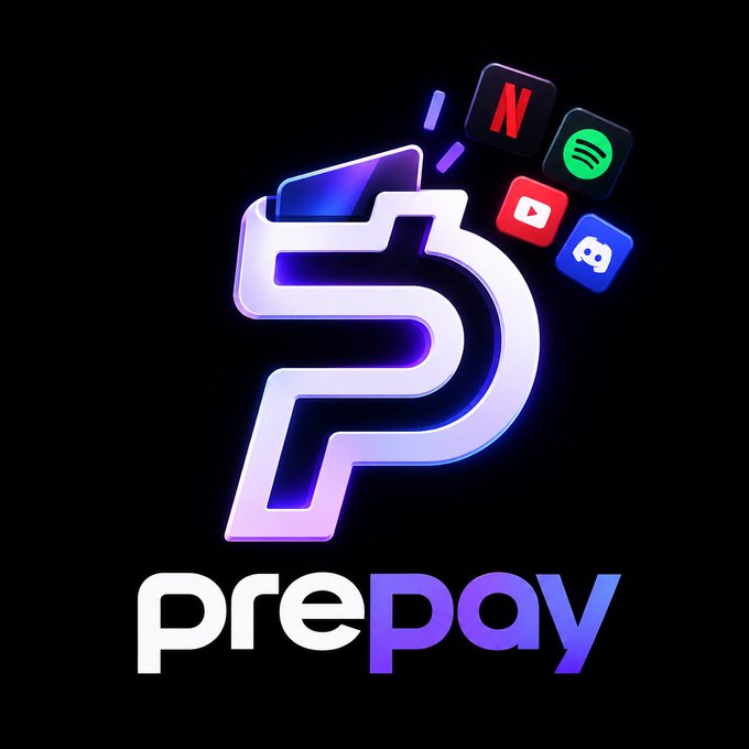 A digital logo for 'prepay' featuring a stylized white and purple glowing 'P' icon, accompanied by floating app logos for Netflix, Spotify, YouTube, and Discord against a black background.