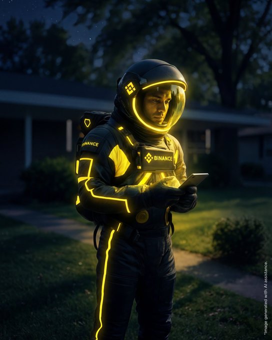 A person in a futuristic black and yellow spacesuit with glowing trim stands outdoors at night looking at a tablet; the suit displays the 'BINANCE' logo and crest, with text noting 'Image generated with AI assistance.'