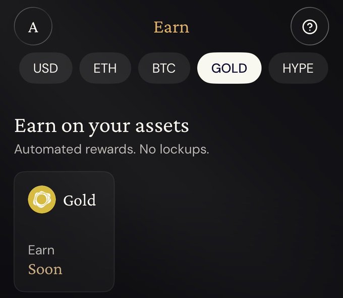 An Ether.fi “Earn” screen shows asset tabs for USD, ETH, BTC, GOLD, and HYPE, with a Gold card marked “Earn Soon.” This supports the post’s claim that Ether.fi is expanding into a broader app where users can buy assets and will soon earn rewards on gold.