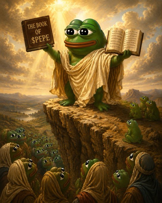 A frog character, reminiscent of Pepe the Frog, stands on a cliff holding "The Book of $PEPE" and an open book, preaching to a crowd of smaller frogs. This image satirically blends religious iconography with elements of internet meme culture and cryptocurrency.
