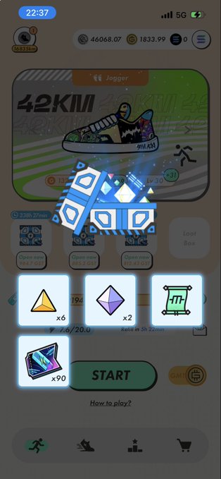 A screenshot of a mobile fitness app showing a '42KM' jogger event banner, an open blue reward chest, and a START button, with a time of 22:37 displayed at the top.