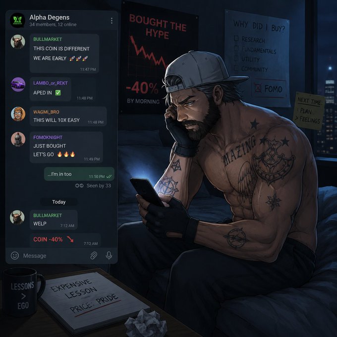 A tattooed man sits shirtless in a dark bedroom, staring at his phone in horror as the "Alpha Degens" group chat celebrates their buys while a red "-40% BY MORNING" chart looms behind him, perfectly capturing the realization of having aped in based on FOMO rather than fundamentals. Visible messages include "BULLMARKET: THIS COIN IS DIFFERENT WE ARE EARLY 🚀🚀🚀," "WAGMI_BRO: THIS WILL 10X EASY," and "COIN -40% 📉," while sticky notes read "WHY DID I BUY? ■ RESEARCH ■ FUNDAMENTALS ■ UTILITY ☑ FOMO" and "NEXT TIME: PLAN > FEELINGS."