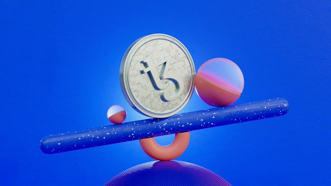 A 3D-rendered balance scale with a blue speckled beam tilts on a blue background, holding a silver coin with a stylized 'is' logo on one side and a pink sphere on the other.