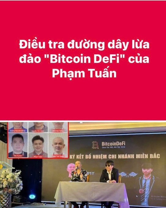 A Vietnamese news graphic with red banner reading 'Điều tra đường dây lừa đảo "Bitcoin DeFi" của Phạm Tuấn' above photos of six suspects and an image of a 'BitcoinDeFi' northern branch inauguration event.