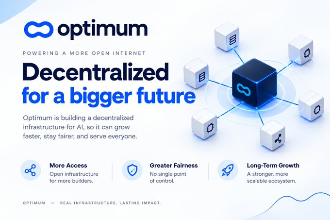 A promotional graphic for 'optimum' with the tagline 'Decentralized for a bigger future', describing building decentralized infrastructure for AI.