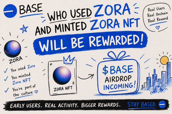 Promotional graphic stating 'BASE WHO USED ZORA AND MINTED ZORA NFT WILL BE REWARDED!' highlighting a $BASE airdrop for early Zora users.