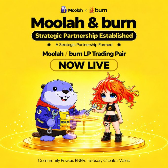 A bright yellow promotional graphic announces the "Moolah & burn Strategic Partnership Established," featuring chibi-style mascots—a purple beaver mechanic for Moolah and a fiery red-haired anime girl holding a torch for burn—standing on a glowing platform together. The image highlights the launch of the Moolah/burn LP Trading Pair with the tagline "Community Powers BNBFi. Treasury Creates Value," visually representing the partnership and shared liquidity described in the accompanying post.