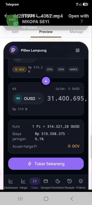 The image shows a screenshot of the Pi Network's PiDex app in Indonesian, displaying a Pi to OUSD exchange interface with a balance of 31,400,695 OUSD at a rate of 510 Pi, where 1 Pi equals approximately 314,321.28 OUSD, with a "Tukar Sekarang" (Exchange Now) button. The caption "Pi to ousd in Indonesian" corresponds to the interface text and language shown in the PiDex app preview.