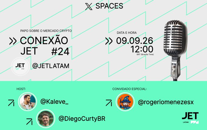 A promotional graphic for 'Conexão JET #24' on X Spaces, discussing the crypto market ('PAPO SOBRE O MERCADO CRYPTO'), scheduled for 09.09.26 at 12:00 BRT, with hosts @Kaleve_ and @DiegoCurtyBR and special guest @rogeriomenezesx.