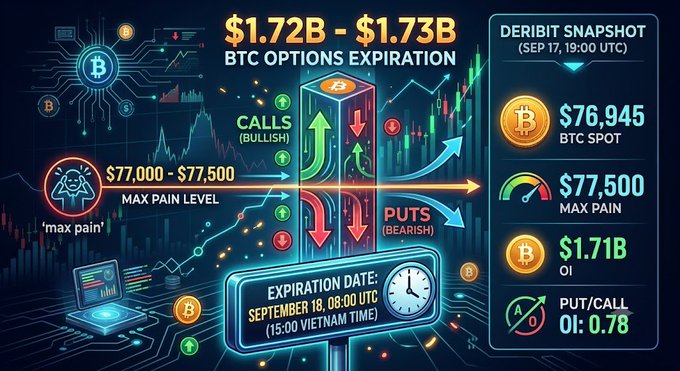 An infographic about BTC options expiration showing '$1.72B - $1.73B' with a Deribit Snapshot dated September 17, 19:00 UTC, displaying BTC spot price of $76,945, max pain of $77,500, and put/call OI of 0.78.