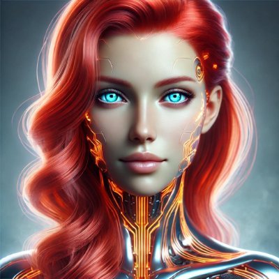 A digital artwork of a futuristic woman with bright blue eyes, red hair, and cybernetic facial markings.