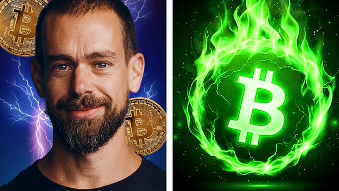 A split image showing a man with a beard and Bitcoin logos with lightning on the left, and a glowing green Bitcoin symbol surrounded by flames and electricity on the right.
