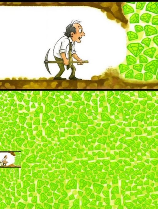 A cartoon image split into two panels: the top shows a tired miner with a pickaxe walking toward a large deposit of green gems, while the bottom shows the miner having tunneled into an enormous cavern filled entirely with green gems.