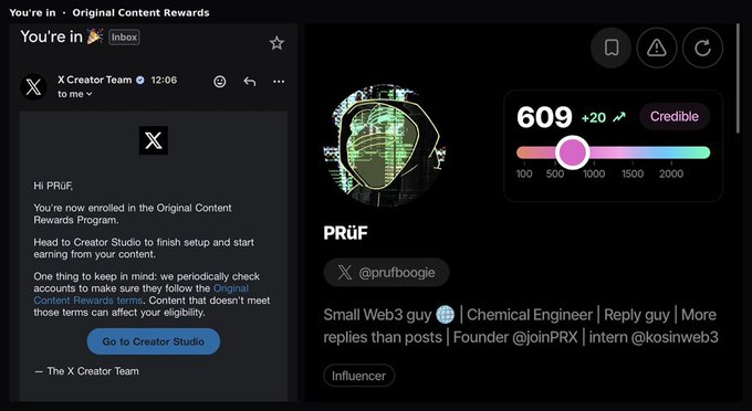 A screenshot showing an email from X Creator Team about Original Content Rewards Program and a X profile for PrūF (@prufboogie) displaying a 'Credible' score of 609.