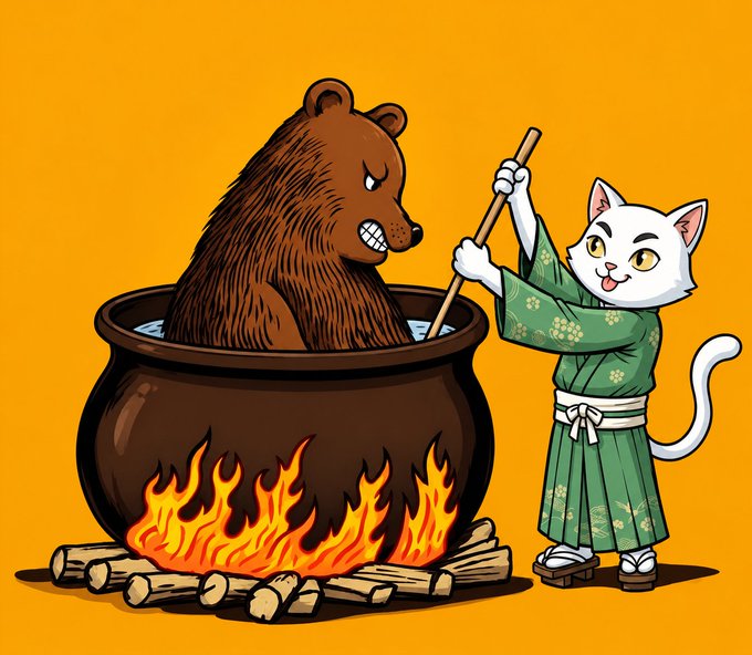 Illustration of an angry bear in a boiling cauldron being stirred by an angry white cat wearing a green kimono, against an orange background.
