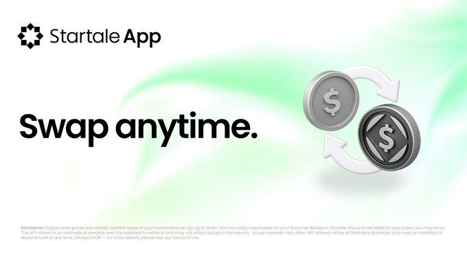 An advertisement for Startale App with the tagline 'Swap anytime' featuring two coin graphics with dollar signs connected by circular arrows.