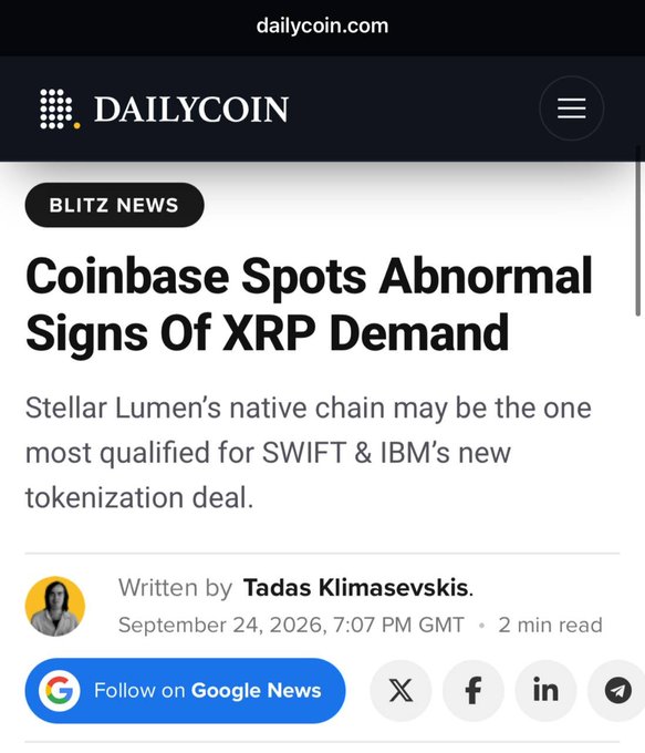Dailycoin article headline 'Coinbase Spots Abnormal Signs Of XRP Demand' dated September 24, 2026, written by Tadas Klimasevskis.