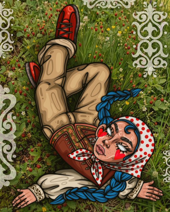 An artistic illustration of a woman with blue braided hair wearing a polka-dot headscarf and traditional dress, lying on her back in a grassy field of strawberries.