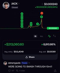 A trading app screenshot showing a user named JACK with a $2,213,060.60 (+8,810.86%) gain, captioned 'WERE GOING TO SMASH THROUGH 30m!!!' with a celebratory entry of $0.00361 from @bobertypuckri.