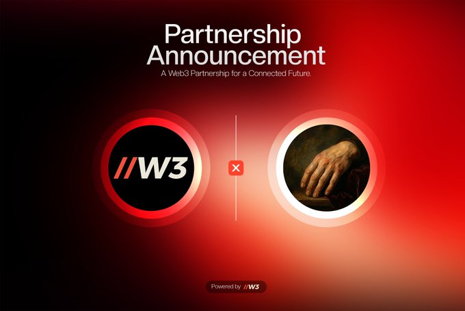 The image features a red background with two circles on it - one black circle labeled "i3" and another white circle labeled "weg 3". Below these circles, there's text that reads "Partnership Announcement AWEG Partnership for a connected future". The caption below the image states "We are excited to announce our collaboration with @LastHandonEth 222 hands, each one the last Each one yours theirs".